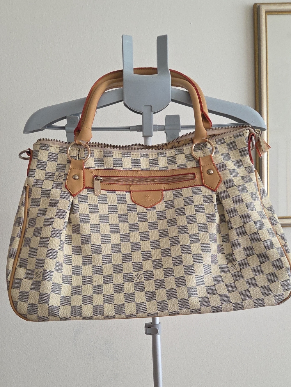 Designer-Style Cream Checkerboard Damier Tote Bag
